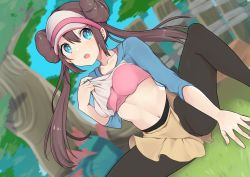 Rule 34 | 1girl, black pantyhose, blue eyes, blush, bra, brown hair, clothes lift, collarbone, commentary request, creatures (company), day, double bun, floating hair, game freak, grass, hair bun, highres, lifted by self, long hair, looking to the side, navel, nintendo, obybuss, open mouth, outdoors, pantyhose, pink bra, pokemon, pokemon bw2, rosa (pokemon), shirt lift, short shorts, shorts, sidelocks, sitting, sleeves past elbows, solo, sports bra, spread legs, teeth, tongue, tree, twintails, underwear, yellow shorts