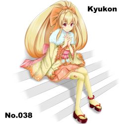 Rule 34 | 1990s (style), 1girl, anklet, blonde hair, character name, creatures (company), game freak, gen 1 pokemon, high ponytail, japanese clothes, jewelry, long hair, multicolored hair, ninetales, nintendo, noppoago, obi, own hands clasped, own hands together, personification, pokedex number, pokemon, pokemon rgby, ponytail, retro artstyle, sandals, sash, sitting, sitting on stairs, solo, stairs, thighhighs, wavy mouth, wide ponytail
