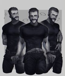 Rule 34 | 3boys, absurdres, arm hair, bara, barry sloane, beard, belt, black hair, bulge, call of duty, call of duty: modern warfare 2, captain price, character request, check character, covered abs, covered navel, cropped legs, denim, facial hair, greyscale, hair slicked back, hairy, highres, jeans, large pectorals, looking at viewer, male focus, mature male, midriff peek, monochrome, multiple boys, muscular, muscular male, mustache, navel, navel hair, neick hitlz, one eye closed, pants, pectorals, seductive smile, shirt, short hair, sideburns, smile, sparkle, thighs, tight clothes, tight shirt, undercut, veins, veiny arms