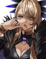 Rule 34 | 1girl, black dress, blonde hair, bracelet, breasts, brooch, cleavage, commentary request, dress, eyes visible through hair, facial mark, fate/grand order, fate (series), fingernails, fur trim, hair ornament, hair over one eye, hand on own cheek, hand on own face, highres, jewelry, kuga huna, long hair, looking at viewer, medium breasts, neck ring, open mouth, sharp teeth, sidelocks, simple background, solo, teeth, upper body, vritra (fate), white background, yellow eyes