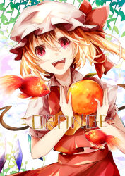 Rule 34 | 1girl, bad id, bad pixiv id, blonde hair, bow, cover, crystal, fang, female focus, fish, flandre scarlet, food, fruit, goldfish, hat, hat bow, kaio (watagami), open mouth, orange (fruit), red eyes, short sleeves, side ponytail, solo, touhou, wings
