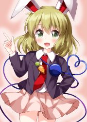 Rule 34 | 1girl, animal ears, black jacket, black sleeves, blonde hair, blush, breasts, carrot, collar, collared shirt, commentary, cosplay, green eyes, hair between eyes, hand on own hip, hand up, highres, jacket, komeiji koishi, long sleeves, looking at viewer, medium breasts, necktie, one-hour drawing challenge, open clothes, open jacket, open mouth, pink background, pink skirt, pointing, rabbit ears, red necktie, reisen udongein inaba, reisen udongein inaba (cosplay), ruu (tksymkw), shirt, short hair, simple background, skirt, smile, solo, standing, third eye, touhou, white shirt, white sleeves