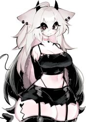 Rule 34 | animal ears, bare shoulders, black hair, blush, breasts, choker, cleavage, demon girl, demon horns, demon tail, ear piercing, eyeshadow, fang, grey hair, heart, heart-shaped pupils, horns, large breasts, looking at viewer, makeup, midriff, mole, mole on neck, multicolored hair, navel, original, piercing, sideboob, spiked choker, spikes, symbol-shaped pupils, tail, thick thighs, thighhighs, thighs, usa37107692, wide hips, zettai ryouiki