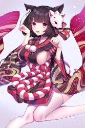Rule 34 | 1girl, :d, animal ear fluff, animal ears, azur lane, black hair, breasts, cat ears, commentary request, japanese clothes, kantai collection, knees together feet apart, kouhaku nawa, large breasts, looking at viewer, mask, mask on head, open mouth, paw pose, pom pom (clothes), red eyes, rope, shimenawa, short hair, sideboob, smile, solo, thighhighs, usano, white thighhighs, wide sleeves, yamashiro (kancolle), zettai ryouiki