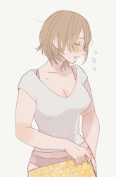 Rule 34 | 1girl, blush, breasts, brown hair, cleavage, closed eyes, dressing, dungeon meshi, embarrassed, falin touden, falin touden (tallman), highres, large breasts, looking to the side, medium breasts, open mouth, panties, r06ku, shirt, short hair, skirt, solo, sweatdrop, underwear, white shirt, yellow skirt