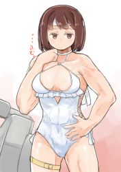 Rule 34 | 1girl, breasts, brown eyes, brown hair, casual one-piece swimsuit, cleavage, commentary request, commission, cosplay, covered abs, cowboy shot, enjaku izuku, female focus, flower, frilled one-piece swimsuit, frilled swimsuit, frills, hair flower, hair ornament, hairband, headband, highres, hyuuga (kancolle), kantai collection, looking at viewer, medium breasts, muscular, muscular female, one-piece swimsuit, sagiri (kancolle), sagiri (kancolle) (cosplay), short hair, side-tie swimsuit, solo, swimsuit, wet, wet clothes, wet swimsuit, white one-piece swimsuit