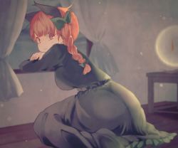 Rule 34 | 1girl, animal ears, bad id, bad twitter id, bow, braid, breasts, brown eyes, cat ears, closed mouth, curtains, extra ears, from side, green bow, hair bow, indoors, kaenbyou rin, long hair, looking at viewer, medium breasts, red hair, side braid, solo, touhou, towako (10wk0), window