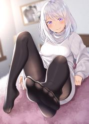 Rule 34 | 1girl, bed, black pantyhose, blurry, blurry background, breasts, closed mouth, commentary request, depth of field, feet, foot focus, full body, gurande (g-size), hair ornament, hairclip, highres, indoors, long sleeves, looking at viewer, medium breasts, no shoes, on bed, original, pantyhose, purple eyes, ribbed sweater, sleeves past wrists, smile, soles, solo, sumeragi hakua, sweater, turtleneck, turtleneck sweater, white hair, white sweater