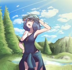 Rule 34 | 1girl, armpits, bacun, bandaid, bandaid on arm, bandaid on face, bandaid on nose, bare shoulders, bike shorts, black gloves, black shorts, blue hair, blue jacket, blue shirt, blue sky, breasts, cleavage, clothes around waist, cloud, collarbone, cowboy shot, day, gloves, grass, grasslands, green hat, hair bobbles, hair ornament, hand on own hip, hat, hill, jacket, jacket around waist, jewelry, kawashiro nitori, key, key necklace, looking up, medium breasts, morning, mountain, necklace, nipples, no bra, one breast out, open mouth, outdoors, pine tree, pond, rock, shirt, short hair, shorts, single glove, sky, solo, strap slip, sunlight, sweat, tank top, touhou, tree, twintails, water, wiping sweat