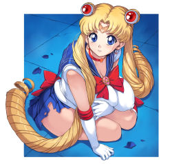 Rule 34 | 1girl, absurdres, alternate breast size, bishoujo senshi sailor moon, blonde hair, blue eyes, breasts, choker, cleavage, commentary request, covered erect nipples, derivative work, drill hair, elbow gloves, gloves, hair bobbles, hair ornament, heart, heart choker, highres, huge breasts, long hair, looking at viewer, meme, mogudan, parted lips, puffy nipples, sailor moon, sailor moon redraw challenge (meme), seiza, sitting, skirt, solo, thick thighs, thighs, torn clothes, torn skirt, tsukino usagi, twin drills, very long hair, white gloves