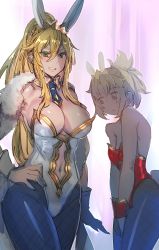 Rule 34 | 2girls, ahoge, animal ears, armpits, artoria pendragon (all), artoria pendragon (fate), artoria pendragon (swimsuit ruler) (fate), bare shoulders, between legs, blonde hair, blue neckwear, blue pantyhose, blush, bow (bhp), braid, breast conscious, breast envy, breasts, cleavage, clothing cutout, commentary request, cowboy shot, crown, detached collar, fake animal ears, fate/grand order, fate (series), fishnet pantyhose, fishnets, french braid, fur scarf, green eyes, hair between eyes, hand between legs, highleg, highleg leotard, large breasts, leotard, long hair, looking at viewer, mature female, mordred (fate), mordred (fate/apocrypha), mother and daughter, multicolored background, multiple girls, navel cutout, necktie, oversized breast cup, pantyhose, parted lips, playboy bunny, ponytail, rabbit ears, red leotard, sidelocks, small breasts, smile, standing, swept bangs, thighs, tiara, white leotard