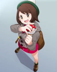 Rule 34 | 1girl, backpack, bag, brown eyes, brown footwear, brown hair, cardigan, creatures (company), fed (giba), from above, game freak, gloria (pokemon), green hat, green socks, grey sweater, hat, highres, holding, holding poke ball, hood, hooded sweater, legs apart, long sleeves, looking at viewer, miniskirt, nintendo, open mouth, pink shirt, pink skirt, plaid, plaid legwear, poke ball, poke ball (basic), pokemon, pokemon swsh, shirt, short hair, simple background, skirt, smile, socks, solo, spread legs, standing, sweater, tam o&#039; shanter