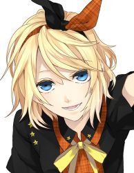 Rule 34 | 1girl, blonde hair, blue eyes, female focus, happy, headband, kagamine rin, kyo zip, lowres, open mouth, short hair, simple background, solo, vocaloid, white background