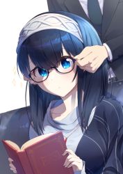 Rule 34 | 1girl, adjusting another&#039;s eyewear, bespectacled, black-framed eyewear, black hair, black necktie, black suit, blue eyes, blue sweater, blush, book, commentary request, glasses, hairband, highres, holding, holding book, idolmaster, idolmaster cinderella girls, looking at viewer, necktie, open book, producer (idolmaster), purple shawl, sagisawa fumika, shawl, shirt, simple background, sparkle, suit, sweater, white background, white hairband, white shirt, yaaben