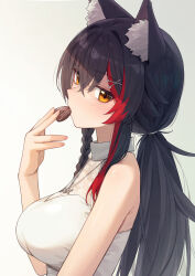 1girl animal_ear_fluff animal_ears bare_shoulders black_hair braid breasts chocolate crossed_bangs food food_in_mouth from_side hair_ornament hashtag-only_commentary highres holding holding_chocolate holding_food hololive jewelry large_breasts long_hair looking_at_viewer low_ponytail multicolored_hair necklace official_alternate_costume ookami_mio ookami_mio_(street) ponytail red_hair rimori22 shirt simple_background single_braid sleeveless sleeveless_shirt solo streaked_hair upper_body white_background white_shirt wolf_ears wolf_girl x_hair_ornament yellow_eyes