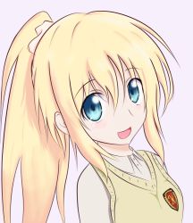 Rule 34 | 10s, 1girl, arnval, blonde hair, blue eyes, busou shinki, dress shirt, gradient hair, highres, long hair, looking at viewer, ma gami (skyline32), multicolored hair, open mouth, pi-dai (skyline32), ponytail, school uniform, scrunchie, shirt, simple background, smile, solo, sweater vest, uniform, upper body, vest