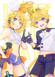 Rule 34 | 1boy, 1girl, :d, bass clef, black choker, black gloves, black shirt, black shorts, blonde hair, blue eyes, blue shorts, bow, brother and sister, choker, cowboy shot, crown, gloves, grin, hair ornament, hairclip, hand on own hip, harusamesyota, headset, highres, kagamine len, kagamine rin, looking at viewer, midriff, navel, open mouth, shirt, short ponytail, short shorts, shorts, siblings, smile, standing, treble clef, twins, two-tone shirt, v, vocaloid, white shirt