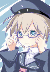 Rule 34 | 10s, 1girl, adjusting eyewear, bad id, bad pixiv id, beret, bespectacled, blue background, blue eyes, blush, buttons, clothes writing, denis053, glasses, hat, kantai collection, long sleeves, looking at viewer, raised eyebrows, sailor collar, short hair, silver hair, sketch, smile, solo, upper body, z1 leberecht maass (kancolle), zuo wei er