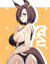 Rule 34 | 1girl, air groove (umamusume), alternate costume, animal ears, artist logo, ass, bare shoulders, black one-piece swimsuit, blush, breasts, brown hair, cero rains, commentary request, ear ornament, from behind, hand on own hip, horse ears, horse girl, horse tail, large breasts, looking at viewer, looking back, one-piece swimsuit, orange background, purple eyes, short hair, sideboob, simple background, solo, swimsuit, tail, two-tone background, umamusume, white background