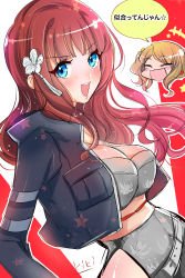 Rule 34 | +++, 2girls, :3, :d, = =, absurdres, adapted costume, artist name, assault lily, bad id, bad pixiv id, belt, black jacket, blush, breast pocket, breasts, brown hair, chibi, chibi inset, cleavage, closed eyes, cosplay, dutch angle, floating hair, floral print, flower, grey belt, grey leotard, hair flower, hair ornament, high ponytail, highleg, highleg leotard, highres, iijima renka, jacket, kaede johan nouvel, kikikaikai (kikikaikai chan), large breasts, leotard, light brown hair, light particles, long sleeves, looking at viewer, multiple girls, obi, obijime, official alternate hairstyle, open clothes, open jacket, open mouth, pocket, print leotard, red background, sash, side ponytail, sidelocks, sketch, smile, speech bubble, spoken star, standing, star (symbol), swept bangs, tassel, tassel hair ornament, teeth, two-tone background, upper body, upper teeth only, v-shaped eyebrows, wavy hair, white background, white flower