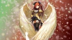 Rule 34 | 1girl, angel wings, aquarian age, black gloves, black thighhighs, brown hair, feathered wings, feathers, garter straps, gloves, green skirt, hair ribbon, hand on own hip, head tilt, highres, long hair, looking at viewer, miniskirt, purple ribbon, red eyes, ribbon, side ponytail, skirt, smile, solo, tachikawa mushimaro, thighhighs, very long hair, white feathers, white wings, wings