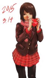 Rule 34 | 1girl, amakura mayu, box, brown eyes, brown hair, closed mouth, dated, fatal frame, fatal frame 2, gauss &lt;bokashi, heart-shaped box, highres, looking at viewer, pantyhose, pleated skirt, red skirt, scarf, short hair, simple background, skirt, smile, solo, white background