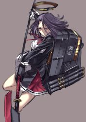 Rule 34 | 10s, 1girl, black gloves, glaive (polearm), gloves, grey background, hair intakes, halberd, halo, highres, kantai collection, karlwolf, looking at viewer, machinery, mechanical halo, polearm, purple eyes, purple hair, short hair, solo, tatsuta (kancolle), weapon