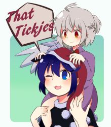 Rule 34 | 2girls, :3, ;d, ahoge, animal ears, blue eyes, blue hair, blush, bow, bowtie, brooch, buna shimeji (keymush), carrying, doremy sweet, dress, english text, engrish text, extra ears, half updo, hat, jewelry, kishin sagume, multiple girls, nightcap, no jacket, one eye closed, open mouth, piggyback, playing with another&#039;s ears, ranguage, red eyes, shoulder carry, silver hair, single wing, smile, tapir ears, touhou, typo, wings, aged down