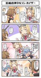 Rule 34 | &gt; &lt;, 3girls, 4koma, blonde hair, blue hair, breasts, brown hair, comic, commentary request, fang, flower, gloves, gradient hair, hat, headgear, highres, hug, kantai collection, large breasts, long hair, long sleeves, military, military uniform, multicolored hair, multiple girls, mutsu (kancolle), nelson (kancolle), open mouth, radio antenna, red flower, red rose, rose, sado (kancolle), sailor hat, short hair, translation request, tsukemon, uniform, white gloves, white hat