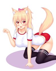 Rule 34 | 1girl, all fours, animal ear fluff, animal ears, arched back, bad id, bad pixiv id, black thighhighs, blonde hair, blouse, blush, borrowed character, bow, breasts, buruma, cat ears, cat tail, from side, full body, grey background, gym uniform, hair between eyes, hair bow, highres, keshigomu, large breasts, long hair, looking at viewer, open mouth, original, paw pose, ponytail, red eyes, shirt, simple background, skindentation, slit pupils, solo, tail, thighhighs, tiffy (nottytiffy), white shirt