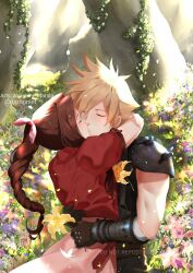Rule 34 | 1boy, 1girl, aerith gainsborough, armor, arms around neck, arms around waist, bandaged arm, bandages, blonde hair, blush, braid, braided ponytail, brown gloves, brown hair, closed eyes, cloud strife, couple, cropped jacket, dress, final fantasy, final fantasy vii, final fantasy vii remake, flower, gloves, hair between eyes, hair ribbon, hetero, highres, jacket, kiss, lily (flower), long hair, nature, outdoors, parted bangs, pink dress, pink ribbon, red jacket, ribbon, rophonn, ruins, short hair, short sleeves, shoulder armor, sleeveless, sleeveless turtleneck, spiked hair, toned, toned male, turtleneck, upper body, yellow flower