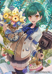 Rule 34 | 1girl, armband, bellows camera, birthday cake, blazer, blue bow, blue bowtie, blue flower, book, bouquet, bow, bowtie, cake, camera, candy, cardigan, company name, csyday, earrings, flower, food, green hair, holding, holding bouquet, jacket, jewelry, kitakoji hisui, lollipop, long sleeves, looking at viewer, nijisanji, open mouth, paper, pink flower, plaid, plaid bow, plaid bowtie, plaid neckwear, plant, ribbon, sharp teeth, solo, standing, teeth, thighhighs, two-tone skirt, virtual youtuber, white flower, white jacket, yellow cardigan, yellow eyes, yellow flower, yellow ribbon