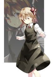 Rule 34 | 1girl, black skirt, blonde hair, blouse, bow, collared shirt, dress shirt, feet out of frame, gorilla (bun0615), hair bow, highres, long sleeves, looking to the side, necktie, open mouth, red necktie, ribbon, rumia, shirt, short hair, skirt, solo, touhou, vest, white shirt, yellow eyes, zoom layer