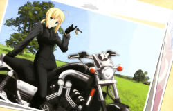Rule 34 | 1girl, absurdres, ahoge, artoria pendragon (all), artoria pendragon (fate), blonde hair, detexted, fate/stay night, fate/tiger colosseum, fate/zero, fate (series), formal, green eyes, highres, key, motor vehicle, motorcycle, nagamori masato, necktie, pant suit, pants, saber (fate), saber lion, solo, suit, third-party edit, vehicle, yamaha