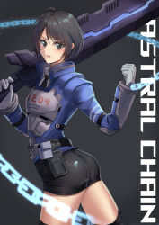 Rule 34 | 1girl, absurdres, artist request, ass, astral chain, black background, black eyes, black hair, black necktie, black thighhighs, blue jacket, chain, commentary request, copyright name, energy gun, gun, highres, holding, holding gun, holding weapon, jacket, looking at viewer, necktie, police, police uniform, policewoman, short hair, short shorts, shorts, solo, thighhighs, uniform, weapon