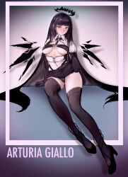Rule 34 | 1girl, absurdres, ahoge, arknights, black bra, black footwear, black garter straps, black gloves, black hair, black halo, black panties, black skirt, black thighhighs, black wings, blush, boots, bra, breasts, broken halo, character name, chinese commentary, cleavage, cleavage cutout, closed mouth, clothes lift, clothing cutout, collared shirt, commentary request, covered erect nipples, dangling, dark halo, detached wings, elbow gloves, energy wings, full body, garter straps, gloves, gluteal fold, gradient background, halo, hanging, hanging legs, high heel boots, high heels, highres, holding, holding clothes, holding skirt, long hair, looking at viewer, medium breasts, naughty face, navel, o-ring, o-ring bra, o-ring top, outside border, panties, shadow, shirt, sitting, sitting on object, skirt, skirt lift, solo, striped clothes, striped panties, thighhighs, underboob, underbust, underwear, vertical-striped clothes, vertical-striped panties, very long hair, virtuosa (arknights), white shirt, wings, zarathuta, zipper, zipper pull tab
