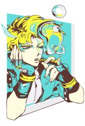 Rule 34 | 1boy, blowing bubbles, bubble pipe, caesar anthonio zeppeli, facial mark, feather hair ornament, feathers, fingerless gloves, gloves, feather hair ornament, headband, jacket, jojo no kimyou na bouken, limited palette, male focus, mapi, one eye closed, solo