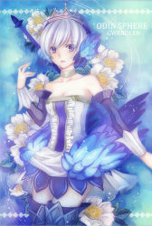 Rule 34 | 1girl, aqua background, aqua theme, armor, armored dress, bad id, bad pixiv id, blue eyes, blue hair, boots, character name, copyright name, detached sleeves, dress, flower, gwendolyn (odin sphere), multicolored wings, nozomi fuuten, odin sphere, pteruges, solo, strapless, strapless dress, thigh boots, thighhighs, weapon, wings