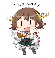 Rule 34 | 1girl, brown hair, chibi, commentary request, curry, curry rice, detached sleeves, dokuganryuu, flipped hair, food, full body, green skirt, hairband, headgear, hiei (kancolle), hiei kai ni (kancolle), highres, japanese clothes, kantai collection, plaid, popped collar, ribbon-trimmed sleeves, ribbon trim, rice, short hair, simple background, skirt, solid oval eyes, solo, standing, white background