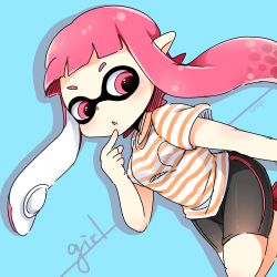 Rule 34 | 1girl, :o, artist request, inkling, inkling girl, inkling player character, long hair, monster girl, nintendo, pink eyes, pink hair, pointy ears, shirt, simple background, solo, splatoon (series), splatoon 1, striped clothes, striped shirt, tentacle hair