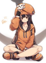 Rule 34 | 1girl, arc system works, arm up, backpack, bag, bike shorts, black gloves, black shorts, boots, brown eyes, brown hair, cabbie hat, collarbone, commentary request, crossed legs, dated, drawstring, fingerless gloves, full body, gloves, grin, guilty gear, guilty gear strive, hand on headwear, hat, hood, hood down, hoodie, legs, long hair, long sleeves, looking at viewer, may (guilty gear), natsuki teru, orange footwear, orange hat, orange hoodie, puffy long sleeves, puffy sleeves, short shorts, shorts, signature, sitting, skull and crossbones, smile, solo, very long hair, white background