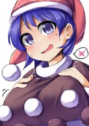 Rule 34 | 1girl, :d, blue eyes, blue hair, blush, breast rest, breast suppress, breasts, doremy sweet, dress, female focus, fun bo, hat, large breasts, looking at viewer, matching hair/eyes, nightcap, no nose, open mouth, pom pom (clothes), simple background, smile, solo, spoken object, spoken x, sweat, touhou