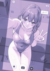 Rule 34 | 1girl, absurdres, breasts, cleavage, commentary request, competition swimsuit, fake phone screenshot, fake screenshot, highleg, highleg swimsuit, highres, locker, locker room, long hair, macosee, medium breasts, monochrome, one-piece swimsuit, original, outstretched arm, purple theme, reaching, reaching towards viewer, selfie, sitting, solo, swimsuit, taking picture, v