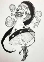 Rule 34 | 1girl, absurdres, arm up, blush, boots, capelet, commentary request, doremy sweet, dress, full body, greyscale, hand up, hat, highres, looking at viewer, mashimashi, monochrome, nightcap, open mouth, pom pom (clothes), short hair, solo, standing, tail, tapir tail, touhou, traditional media