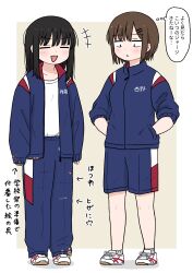 Rule 34 | 2girls, absurdres, black hair, brown hair, closed eyes, commentary request, hair ornament, hairclip, hands in pockets, highres, jacket, jersey, multiple girls, original, partial commentary, short hair, translation request