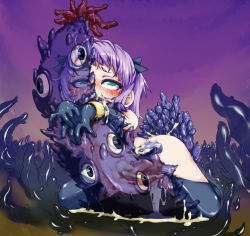 Rule 34 | 1girl, anal, blush, cum, female focus, flat chest, fucked silly, gloves, green eyes, monster, multiple penetration, oral, purple hair, rir, tentacles, torn clothes, triple penetration, vaginal, x-ray