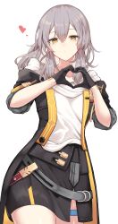 Rule 34 | 1girl, absurdres, black gloves, black jacket, black skirt, closed mouth, collarbone, commentary request, cowboy shot, double-parted bangs, expressionless, gloves, grey hair, hair between eyes, hands up, heart, heart hands, highres, honkai: star rail, honkai (series), jacket, looking at viewer, medium hair, shirt, side slit, simple background, skirt, sleeves rolled up, solo, stelle (honkai: star rail), thigh strap, trailblazer (honkai: star rail), upper body, white background, white shirt, yamato (muchuu paradigm), yellow eyes, yellow trim