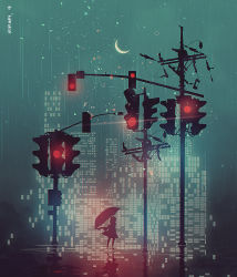 1other ambiguous_gender cityscape commentary crescent_moon english_commentary facing_away green_background holding holding_umbrella lens_flare limited_palette moon original rain reflection reinforced scarf signature simple_background traffic_light umbrella utility_pole