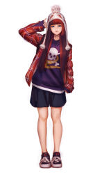 Rule 34 | 1girl, absurdres, beanie, beanie ear flaps, blue eyes, blue shorts, blunt bangs, earflap beanie, full body, hand up, hat, highres, jacket, jungon kim, light smile, long hair, long sleeves, open clothes, open jacket, original, purple shirt, red hair, red jacket, shirt, shoes, shorts, simple background, sleeves past wrists, solo, standing, white background