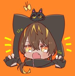 Rule 34 | 1boy, androgynous, animal, animal ears, animal hood, animal on head, black cat, black gloves, blonde hair, blush, brown hair, bug, butterfly, cat, cat ears, cat hood, cat on head, chibi, claw pose, commentary, earrings, fake animal ears, fang, gloves, goma sodapop, hands up, hood, hood up, insect, jewelry, kashagiri&#039;s cat (touken ranbu), kashagiri (touken ranbu), long hair, looking at viewer, male focus, multicolored hair, on head, open mouth, orange background, orange eyes, partially fingerless gloves, ponytail, simple background, streaked hair, symbol-only commentary, touken ranbu, two-sided fabric